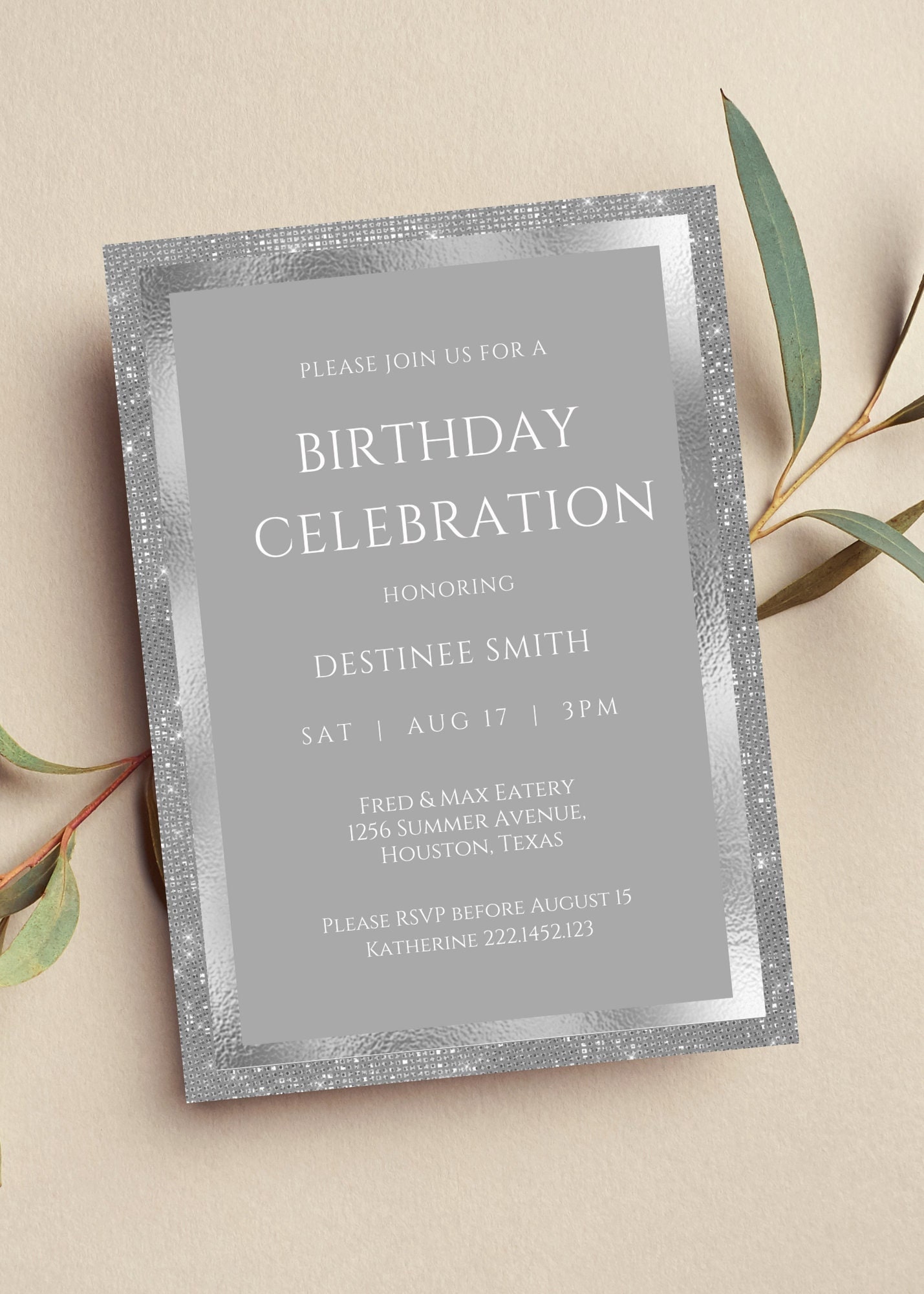 Editable Silver Birthday Celebration Invitation, Silver Invitation,  Silver Glitter, Elegant, Printable or Digital