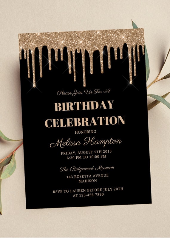 Editable Black and Gold Birthday Invitation Gold Glitter - Etsy