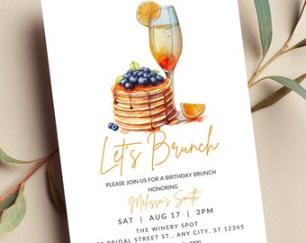 Editable Brunch Invitation, Brunch and Bubbly, Birthday Brunch, Sunday Brunch, Pancakes, Mimosa, Printable or Digital Invitation