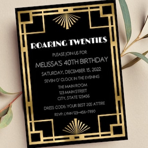 Editable Roaring 20s Birthday Invitation  Art Deco Gatsby Theme (Digital Invitation)