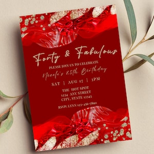 Editable Red and Gold Invitation, Forty and Fabulous, Birthday Invitation, Printable or Text Invite