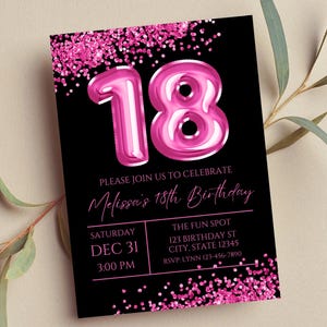 Editable 18th Birthday Invitation, Hot Pink and Black Invitation, Hot Pink 18 Balloon, Glam, Glitter, Printable or Digital Invite