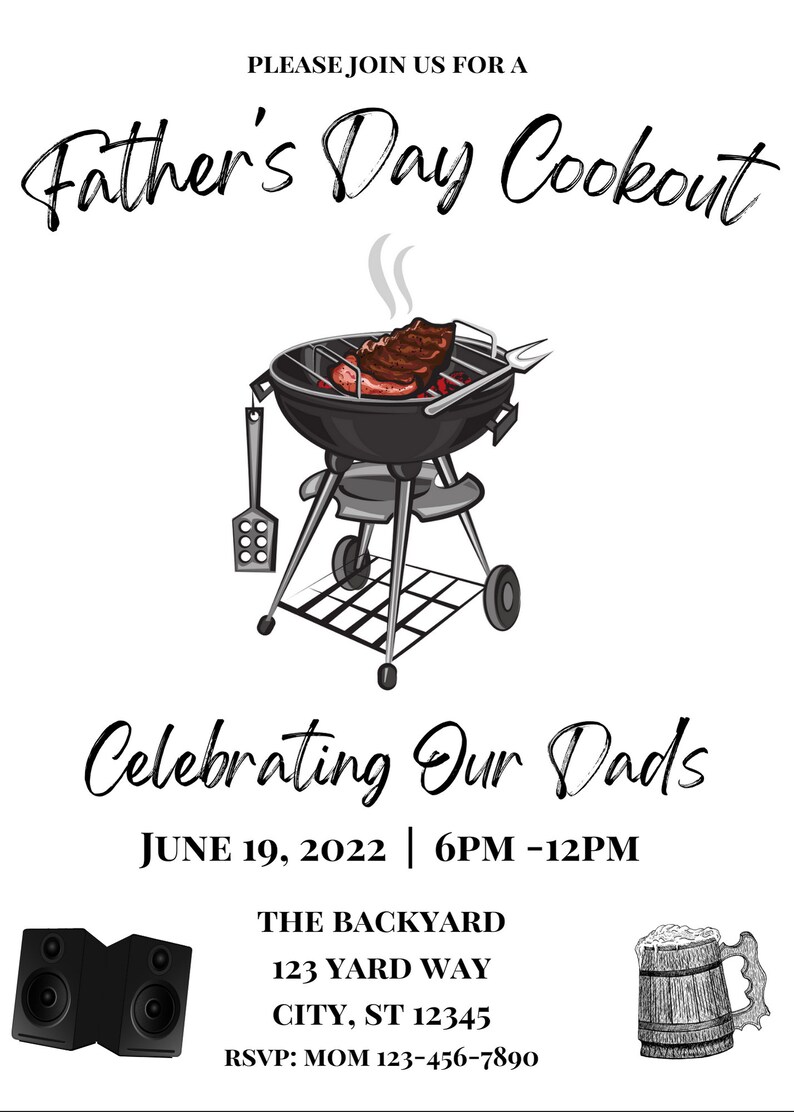 Puede incluir: Una ilustraci&oacute;n en blanco y negro de una parrilla con un bistec y una salchicha encima. El texto "Father's Day Cookout" est&aacute; escrito en cursiva sobre la parrilla. El texto "Celebrating Our Dads" est&aacute; escrito debajo de la parrilla. El texto "June 19, 2022 | 6PM-12PM" est&aacute; escrito debajo del texto "Celebrating Our Dads". El texto "THE BACKYARD" est&aacute; escrito sobre el texto "123 YARD WAY". El texto "CITY, ST 12345" est&aacute; escrito debajo del texto "123 YARD WAY". El texto "RSVP: MOM 123-456-7890" est&aacute; escrito debajo del texto "CITY, ST 12345".