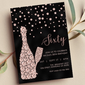 Editable 60th Birthday Invitation, Black and Rose Gold Birthday Invitation, Rose Gold Champagne, Glam, Diamond Glitter, Print or Text Invite