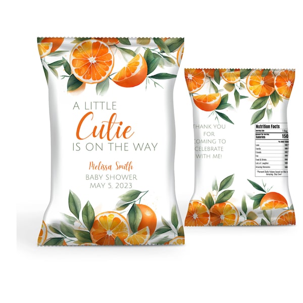 Editable A Little Cutie is on the Way Chip Bag, Baby Shower Chip Bag, Baby Shower Favors, Cutie, Orange, Instant Download