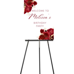 Editable Red and Gold Birthday Welcome Sign, Floral Birthday Party ...