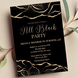 Editable All Black Party Invitation, All Black Affair, Black and Gold, Formal Attire, Printable or Digital Invite