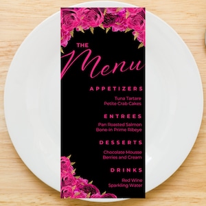 Plantilla de tarjeta de menú editable, tarjetas de menú en rosa fuerte, negro y dorado, floral, menú de cena, menú de mesa, menú de boda, menú de brunch, imprimible