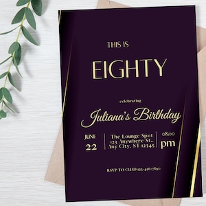 80th Birthday Invitation | Purple and Gold Birthday Invite | Email Invitation  | Birthday Invite | Digital Invite | Text Invite | Editable
