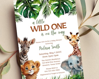 Invitación editable para baby shower "Un pequeño salvaje está en camino" con animales de safari, invitación imprimible o digital
