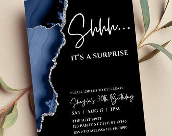 Editable Surprise Birthday Invitation, Blue, Silver and Black, Digital Invite, Printable Adult Party Invitation Template