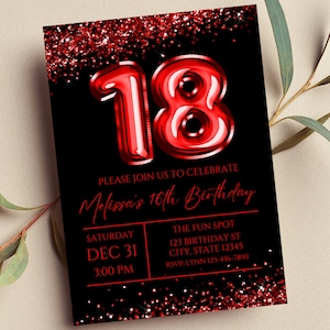 Faire-part 18e anniversaire modifiable, faire-part rouge et noir, ballon rouge 18 ans, glam, paillettes, impression ou texte