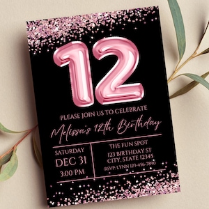 Bearbeitbare 12. Geburtstagseinladung, rosa und schwarze Einladung, rosa 12-Ballon, Glam, Glitter, druckbare oder digitale Einladung