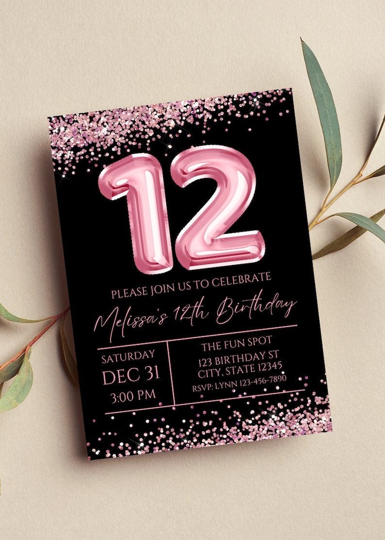 Editable 12th Birthday Invitation, Pink and Black Invitation, Pink 12 Balloon, Glam, Glitter, Printable or Digital Invitation