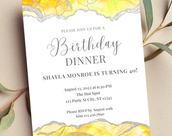 Editable Yellow and Silver Invitation, Agate Birthday Dinner Invitation, Printable or Text Invite