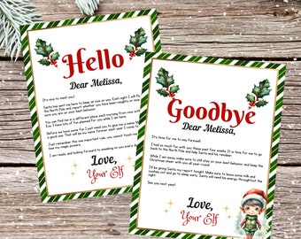 May include: Two printable Christmas cards featuring a green and red striped background with holly and a festive elf. The first card says "Hello Dear Melissa" and the second card says "Goodbye Dear Melissa". Both cards have a handwritten message from the elf.