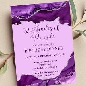 Faire-part modifiable dans les tons de violet, violet et argent, faire-part pour un dîner d'anniversaire, brunch, invitation de diplômé, toute occasion, impression ou invitation texte