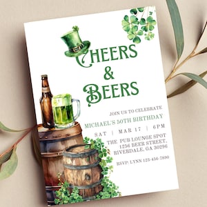 Editable St. Patrick's Day Birthday Invitation, Cheers and Beers, Adult Invitation, Printable or Digital Invite