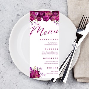 Editable Fuchsia Floral Menu Template, Printable Party Menu, Instant Download, Baby Shower, Bridal Shower, Birthday Dinner Menu