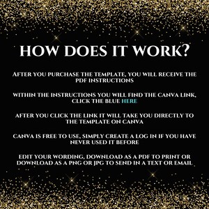 May include: A black and gold glitter background with white text explaining how to use a Canva template. The text says "HOW DOES IT WORK?" and explains that after purchasing the template, you will receive PDF instructions with a link to the Canva template. The text also says "Canva is free to use, simply create a log in if you have never used it before."