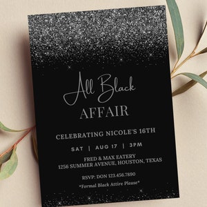 Editable All Black Affair Invitation, All Black Party Invitation,  Black Glitter, Formal Attire Invite, Printable or Digital