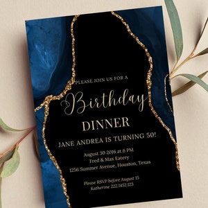 Faire-part d'anniversaire modifiable bleu, or et noir, invitation imprimable ou numérique