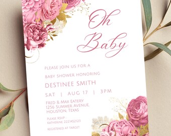 Editable Baby Shower Invitation, Pink and Gold Floral Baby Shower Invite, Oh Baby, Printable or Digital