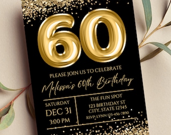 Könnte beinhalten: Schwarze und goldene Geburtstagseinladung mit goldenem Konfetti. Die Einladung lautet "Bitte feiern Sie mit uns den 60. Geburtstag von Melissa". Das Datum ist Samstag, der 31. Dezember um 15:00 Uhr. Der Ort ist The Fun Spot, 123 Birthday St, City, State 12345. RSVP an Lynn unter 123-456-7890.