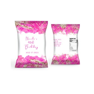 Bearbeitbare Geburtstags-Chip-Beutelvorlage, rosa und Gold-Chip-Beutel, Partydekor, Mitbringsel, bedruckbar
