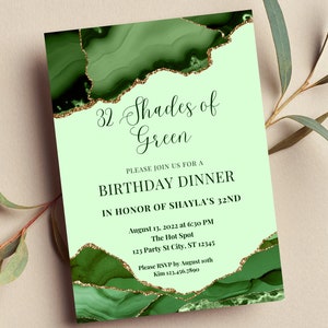 Editable Shades of Green Invitation, Green and Gold, Birthday Dinner Invitation, Printable or Text Invite