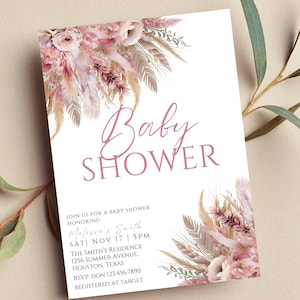 Editable Pink Boho Baby Shower Invitation, Pampas, Boho Floral, Printable or Text Invite