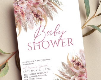 Editable Pink Boho Baby Shower Invitation, Pampas, Boho Floral, Printable or Text Invite