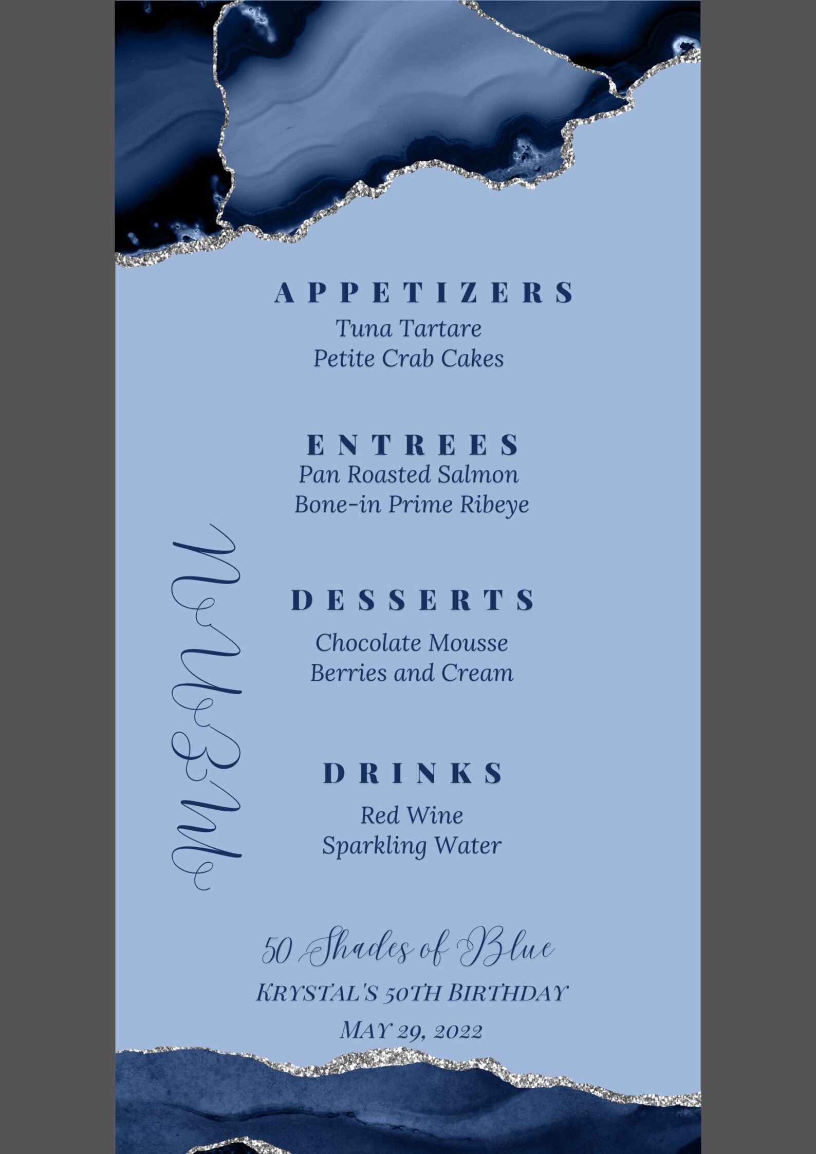 Menu In Blue Editable Shades of Blue Menu Cards Template, Blue and Silver Table Menu ...