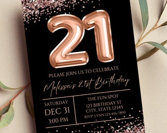 Invito per il 21° compleanno modificabile, invito oro rosa e nero, palloncino 21 oro rosa, glamour, glitter, stampabile o digitale