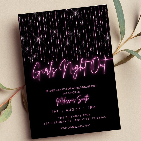 Invitation de soirée de filles modifiable, Ladies Night, Girls Night In, Bachelorette Party, Pink and Black, Neon, Printable or Text Invite