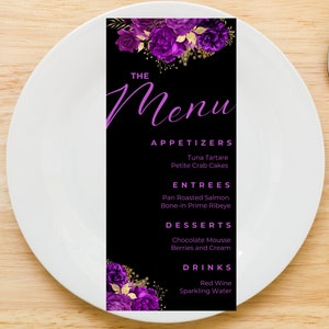 Edytowalny szablon karty menu, fioletowe, czarne i złote karty menu, kwiatowe, karta menu kolacji, menu stołu, menu baru, do druku