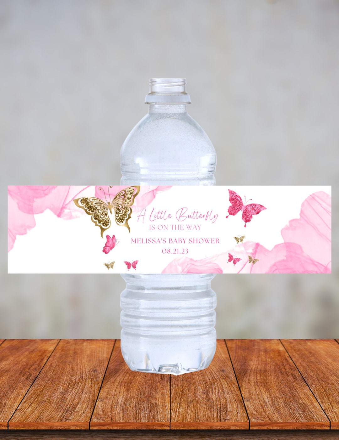 Editable Butterfly Water Bottle Label Template, Pink and Gold, Party