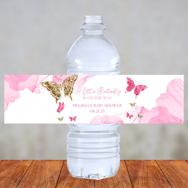 Editable Butterfly Water Bottle Label Template, Pink and Gold, Party Favor, Birthday, Wedding, Baby Shower, Printable, Instant