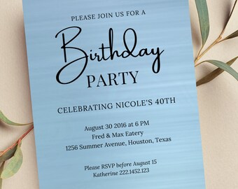 Blue Birthday Party Invitation, Editable Black and Blue Invite, Printable