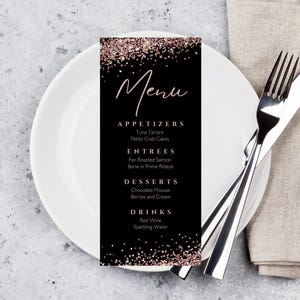Editable Menu Card Template, Rose Gold and Black, Glitter, Dinner Menu Card, Table Menu, Bar Menu, Printable