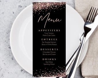 Modèle de carte de menu modifiable, or rose et noir, paillettes, carte de menu pour le dîner, menu de table, menu de bar, imprimable