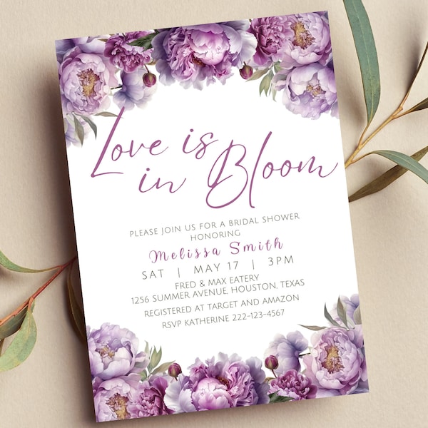 Editable Love is in Bloom Bridal Shower Invitation, Purple, Floral, Peony, Spring Flowers, Summer, Bridal Shower, Printable or Text Invite