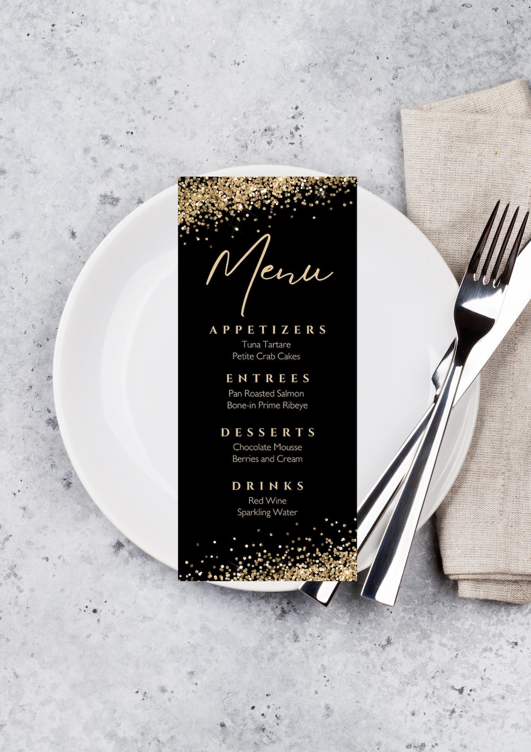 Metal Menu Card Editable Menu Card Template, Gold and Black, Glitter, Dinner Menu Card ...
