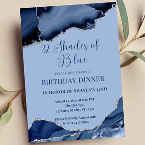 Editable Shades of Blue Invitation, Blue Birthday Dinner Invitation, Agate Invite, Print or Text Invite