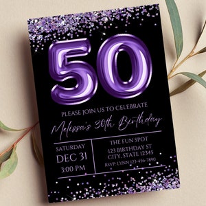 Bearbeitbare 50 Geburtstagseinladung, lila und schwarze Einladung, lila 50 Ballon, Meilenstein Geburtstag, Glitter, printable oder digital einladen
