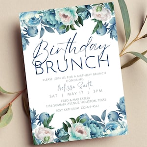 Faire-part d&#39;anniversaire modifiable, floral bleu, brunch du dimanche, brunch de bébé, brunch de la mariée, invitation imprimable ou numérique