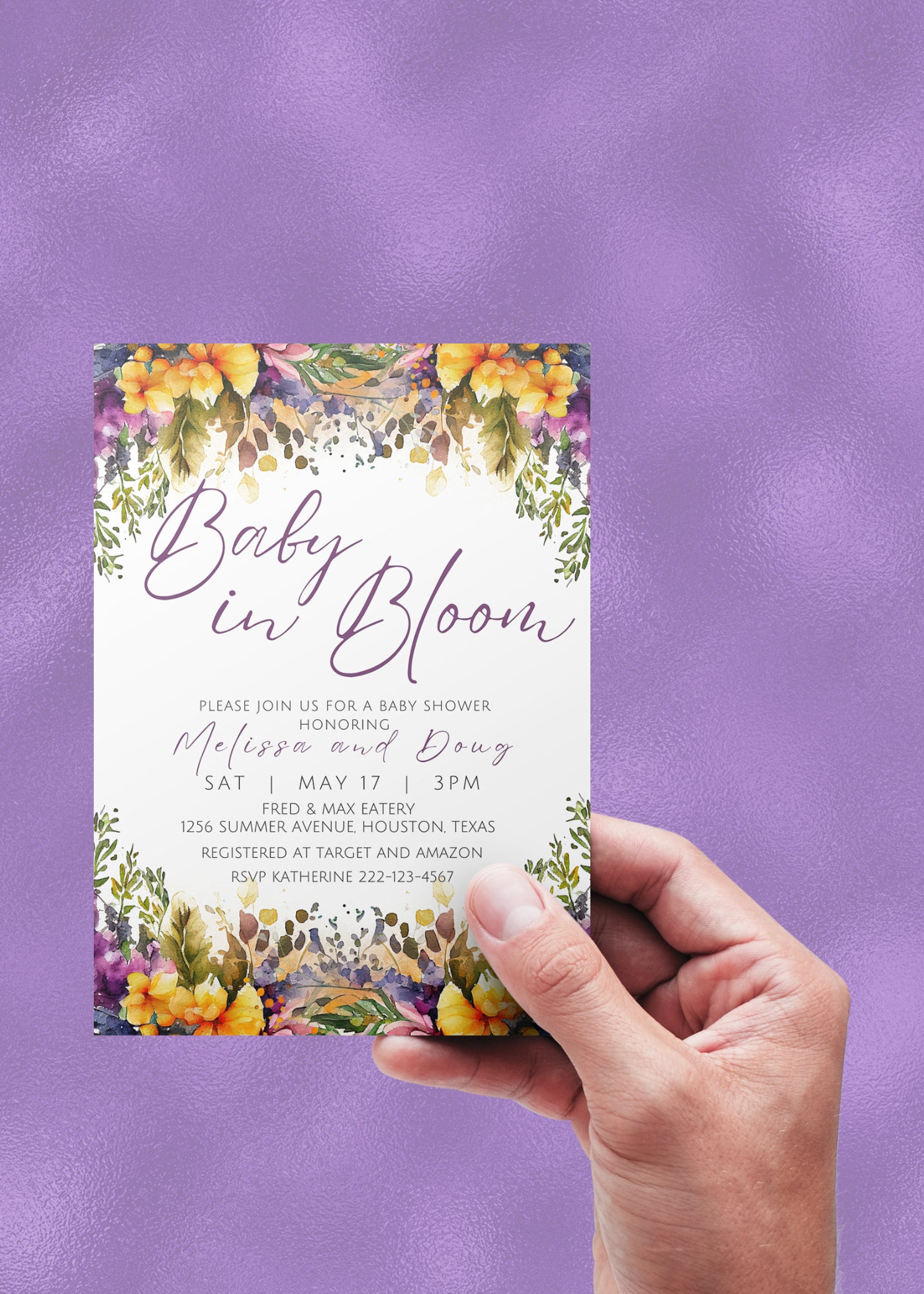 Spring Invitations Bloom Editable Baby in Bloom Baby Shower Invitation, Purple and Yellow ...