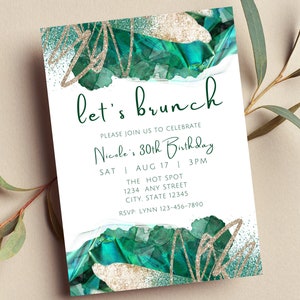 Invito al brunch modificabile, invito verde e oro, brunch di compleanno, invito stampabile o digitale