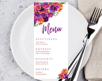 Floral Party Menu Template, Purple and Orange, Printable (Digital Download)