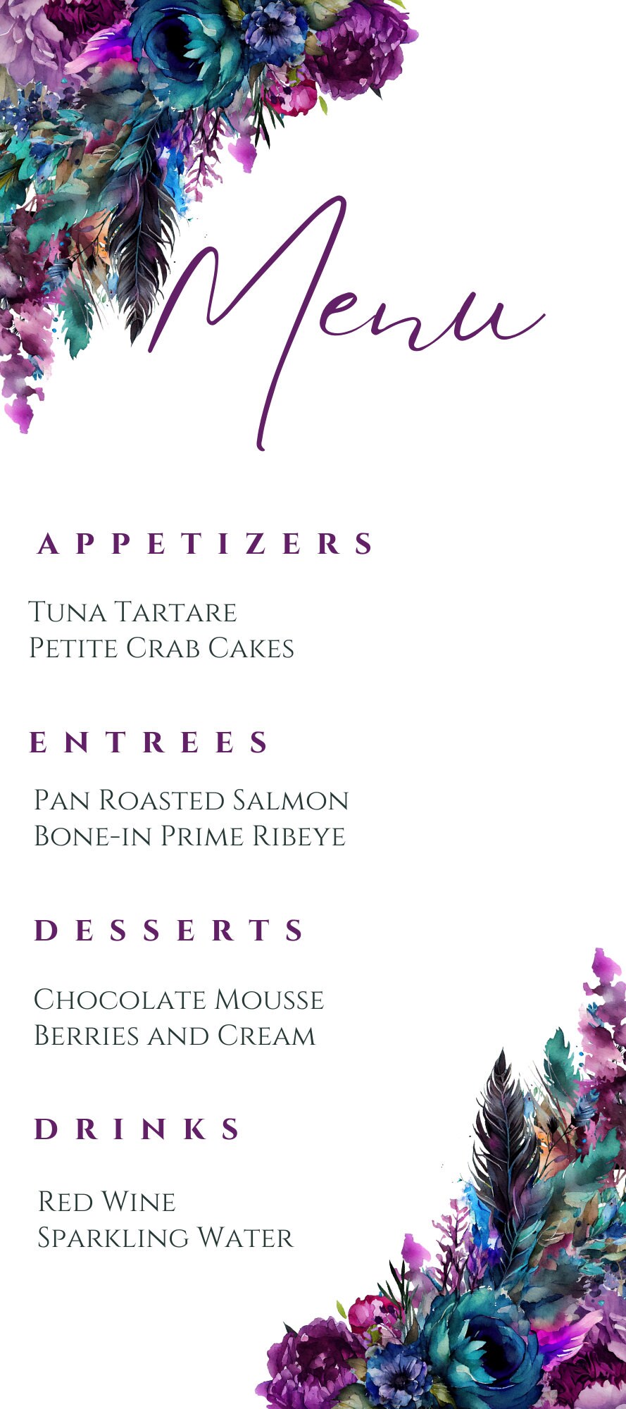 Editable Menu Card Template Teal And Purple Birthday Dinner Menu Editable Menu Card Template Teal And Purple Birthday Dinner Menu
